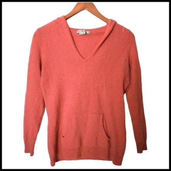 Enzo Mantovani Cashmere Hooded Sweater V-neck Women's M Medium Coral Orange Pock - Picture 1 of 8